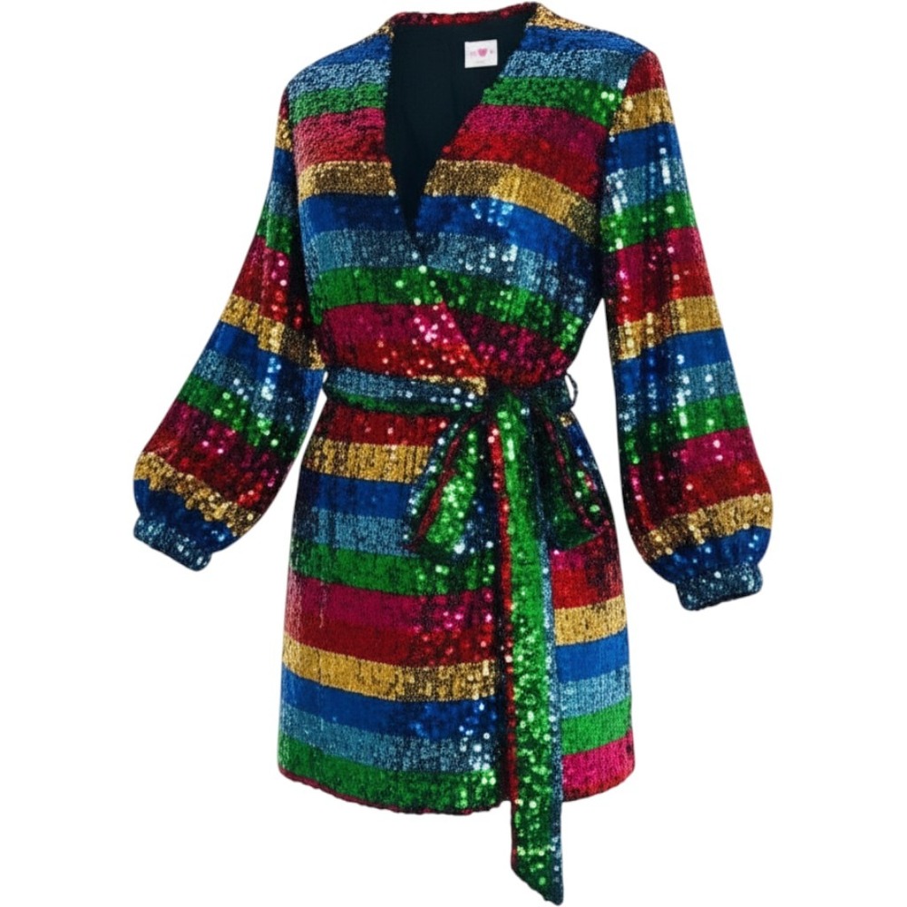 BuddyLove Adeline Romper Womens Small Rainbow Stripe Sequin Long Sleeve Wrap NWT